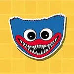 青い毛皮の顔に大きな目と鋭い歯を持つ笑っているキャラクターのイラスト。