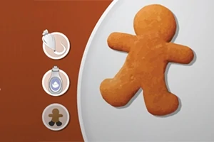 茶色と白の背景にジンジャーブレッドマンの形をしたクッキーとデコレーション用のアイテムが描かれているイラスト。