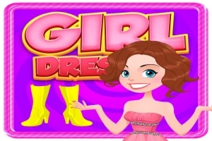 ピンクの背景に「GIRL DRESS」と書かれた文字と、ピンクのドレスを着た笑顔の女性キャラクター、黄色のブーツが描かれたイラスト。