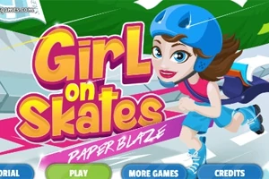 ローラースケートを履いたアニメ風の女性キャラクターが青いヘルメットをかぶって走っている。