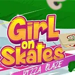 赤いヘルメットを被った女性がスケートをしながらピザの箱を運ぶイラスト。