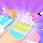 ネイルに装飾されたカラフルなデザインで、うさぎやストライプ、宝石が描かれている背景。