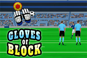 サッカー選手と審判がフィールドに立ち、空中にはサッカーボールとゴールキーパーの手袋のイラストがあるスタジアムの光景。