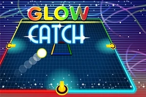 ネオンの色合いで「GLOW CATCH」と書かれた文字と、グリッド状の背景に星が散りばめられた明るいデジタル風なデザイン。