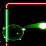 黒い背景に赤と緑の蛍光色のラインと数字34、中央に緑の球体があるデジタル画面。