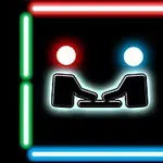 黒い背景に赤と青の丸い光と中央にボードゲームをする2つのシルエットがあり、周囲に赤、黄、緑、青の蛍光線が四角く囲んでいるデザイン。