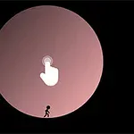 黒い背景に大きな円があり、中央に指のアイコン、その下に小さなシルエットの人が歩いている。