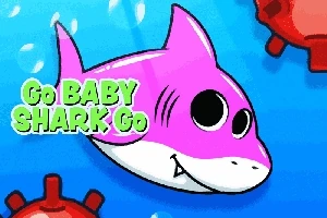 ピンク色のサメが青い海を泳いでいるイラスト。