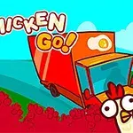 赤いトラックと数羽のニワトリがいるカラフルなイラスト。