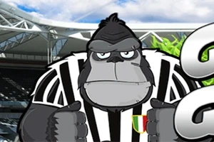 サッカースタジアムを背景に、黒と白のストライプのユニフォームを着たゴリラのキャラクター。