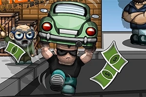 グラサンをかけた男性が小型車を持ち上げ、紙幣が空中に舞っているイラスト。