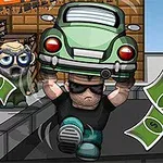 グラサンをかけた男性が小型車を持ち上げ、紙幣が空中に舞っているイラスト。
