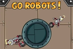 2体のロボットが歯車の上に立っているコマ風のイラスト。