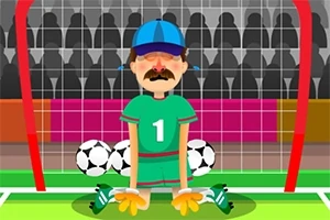 サッカーのゴール前に膝をついた青い帽子の男性と、背後のサッカーボールと観衆が描かれているイラスト。