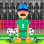 サッカーのゴール前に膝をついた青い帽子の男性と、背後のサッカーボールと観衆が描かれているイラスト。