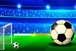 サッカースタジアムで、大きなサッカーボールと小さなサッカーボール、ゴールネットが描かれている。