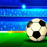 サッカースタジアムで、大きなサッカーボールと小さなサッカーボール、ゴールネットが描かれている。