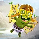 緑色のキャラクターが空を飛んでおり、背景に山と飛行船が描かれている。