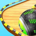 曲がりくねった木製トラック上にある緑と黒の模様が施されたボール。