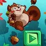 リスが木の実を持って笑顔でジャンプしている秋の景色のイラスト。