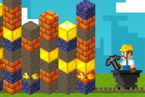 ピクセルスタイルのキャラクターが鉄床の上でつるはしを持ち、レンガと金色のブロックの塔が背景に並ぶ。