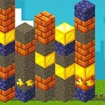 ピクセルスタイルのキャラクターが鉄床の上でつるはしを持ち、レンガと金色のブロックの塔が背景に並ぶ。