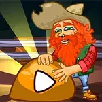 赤い髭を持つカウボーイ風のキャラクターが、巨大な金色の石を指で触れている様子。