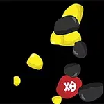 黒い背景に黄色と黒の石が積み重なり、その中に赤い石に「XO」と書かれたものがある画像。