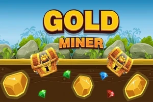 大きな文字で「GOLD MINER」と書かれたタイトルの下に、宝石や金塊、宝箱が描かれている画像。