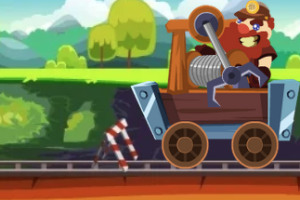 鉱山カートに乗った金髪のキャラクターが鉄道の線路上を走るアニメーション風のイラスト。