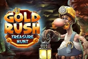 鉱山の背景に、ランタンを持った作業服姿のキャラクターと「GOLD RUSH TREASURE HUNT」のロゴ。