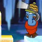 氷のブロックの前で、ヘルメットを被った青いキャラクターが立っている。