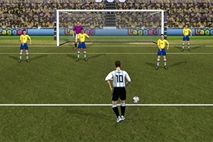 サッカー場で背番号10の選手がペナルティキックを準備する様子。