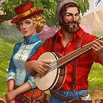 森の中でバンジョーを弾く男性と、赤い帽子をかぶった女性が一緒に立っているイラスト。