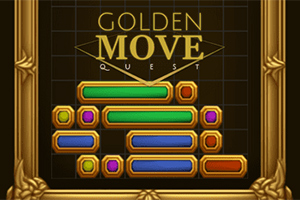 金色の装飾が施された枠内に、赤、青、緑の長方形のバーと「GOLDEN MOVE QUEST」という文字が表示されている。
