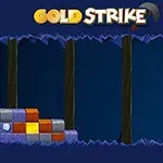 暗い鉱山の背景に、左側にカラフルなブロックの壁があり、右側にツルハシを持ったキャラクターが立っている。