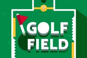 緑の背景に「GOLF FIELD」の白い立体文字と赤い旗が描かれているデザイン。