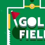 緑の背景に「GOLF FIELD」の白い立体文字と赤い旗が描かれているデザイン。