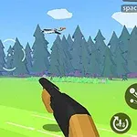 森林の中で銃を持った手が飛んでいるアヒルを狙っている様子のアニメーション。