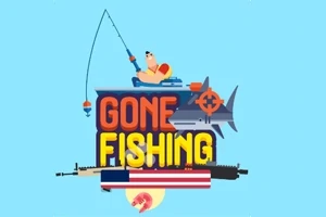釣りをしている人物と「GONE FISHING」の文字、サメ、銃のあるイラスト。