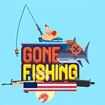 釣りをしている人物と「GONE FISHING」の文字、サメ、銃のあるイラスト。