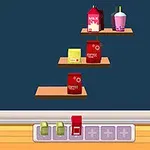 棚に並んだ牛乳パック、飲み物、そしてコーヒー類が描かれたイラスト。
