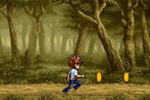 アニメ風のキャラクターが森の中の道を走っている様子。