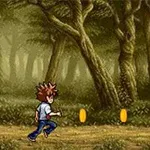 アニメ風のキャラクターが森の中の道を走っている様子。