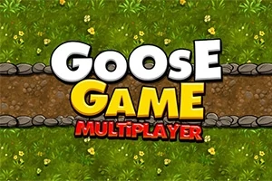 緑の草と小径が背景にあり、中央に「Goose Game Multiplayer」と書かれた文字。