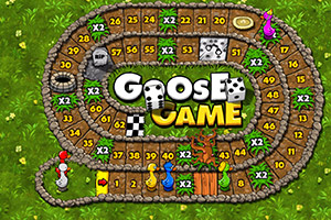 ボードゲームの色とりどりの駒と数字が並んだ道の上に、「GOOSE GAME」というロゴが描かれている画像。