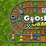 ボードゲームの色とりどりの駒と数字が並んだ道の上に、「GOOSE GAME」というロゴが描かれている画像。