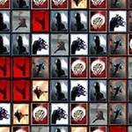赤、灰色、黒の背景に、さまざまなシルエットやマークが描かれたタイルが格子状に並んでいる画像。