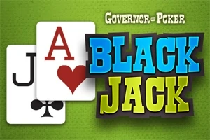 緑色の背景に、クラブのジャックとハートのエースのカードが重なり、その上に「BLACK JACK」と書かれているテキスト。