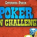 青と緑の大きな文字で「POKER WIN CHALLENGE」と書かれており、下にカラフルなポーカーチップが積み重ねられている。